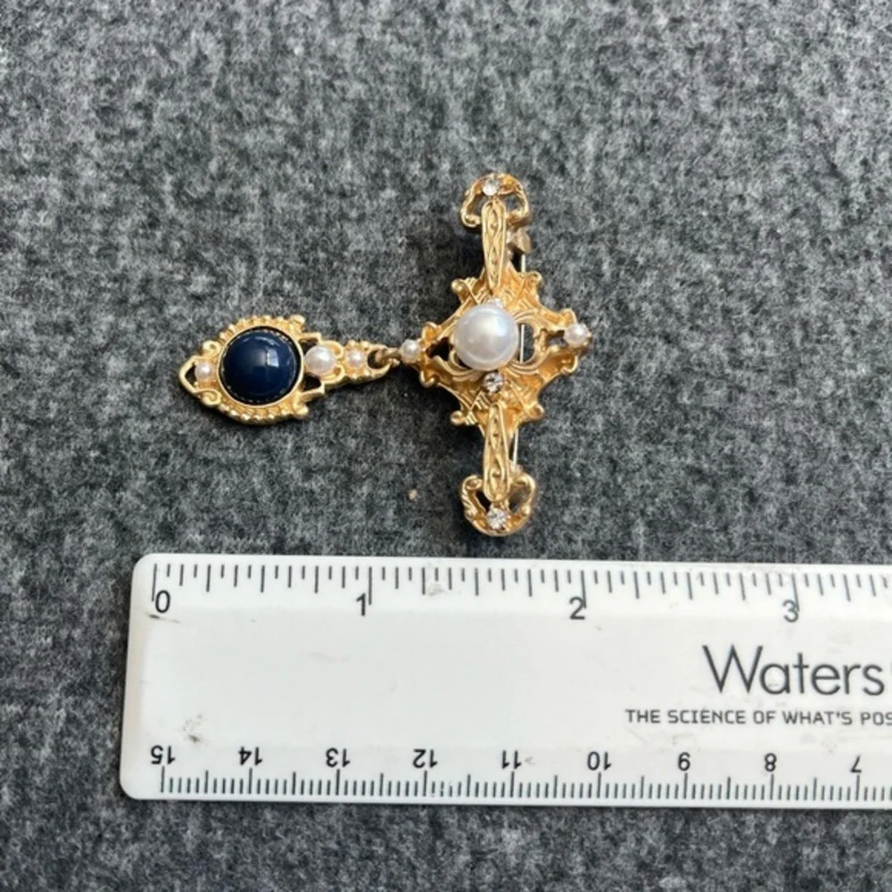 Baroque Dangle Brooch Womens OS Gold Blue Excellent Faux‎ Pearl Detachable Drop